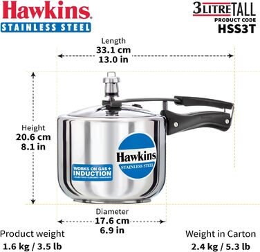 Hawkins Modell B 3 33 Hard Shell Cover L High Stainless Steel Pressure Cooker, small, silver