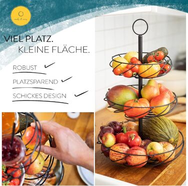 Стійка для фруктів Marks & Rivers 3 яруси XL | Металева фруктова стійка з 3 ярусами чорного кольору для елегантного зберігання у кухні та вітальні