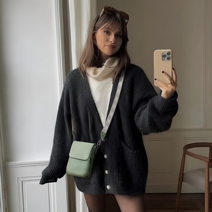 Сумка-органайзер на шию MUIIKOLA з RFID-захистом для телефону, веганська шкіра, зелений світлий. Сумка через плече для жінок з широким ременем та гаманцем.