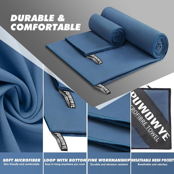 PUWOWYE Набір рушників з мікрофібри (2 шт.): великий 160x80 см + маленький 80x40 см, швидковисихаючі, для спорту, фітнесу, сауни, пляжу, подорожей та відпочинку на природі, блакитні