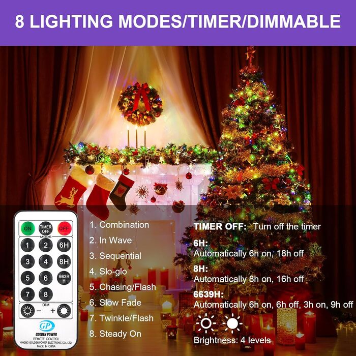 LED гірлянда світлодіодна, 23м, 200 LED, на батарейках, з таймером, 8 режимів, для дому та саду, на Різдво, весілля, Хелловін, свята, декор (1 шт, холодне біле світло)