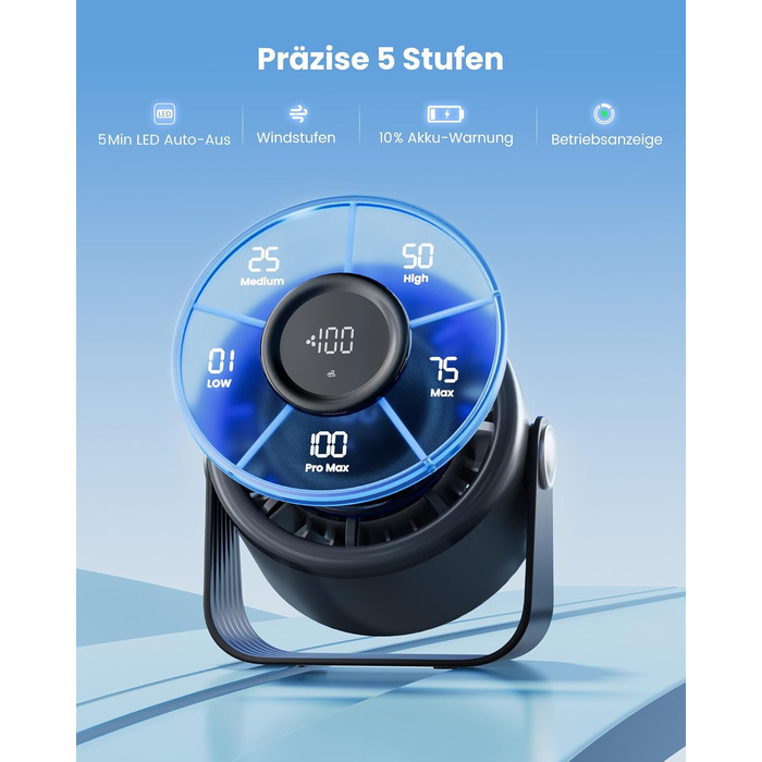 Портативний акумуляторний вентилятор Gaiatop з USB, 5 швидкостей, тиха робота, сенсорне управління, 360° обертання, для дому та офісу, чорний