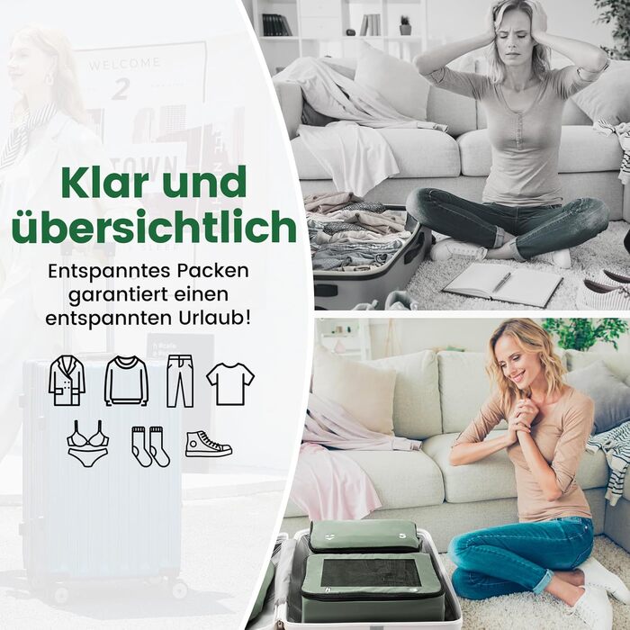 Органайзери для валізи - набір 8 шт. (зелені) - для подорожей, ручної поклажі, рюкзака