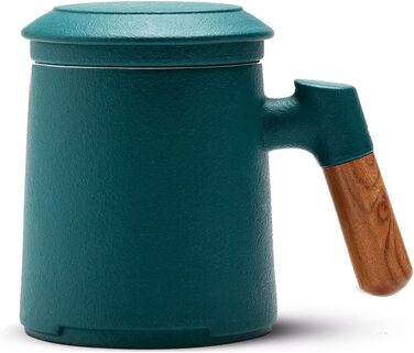 ZENS Teacup with Lid and Infuser, 360 ml Wooden Handle Teacup with Tea Strainer and Lid for Loose Leaf Tea, Matte Ceramic Teacups Gifts for Tea Lovers, Hand-Sprayed Dark Green Glaze