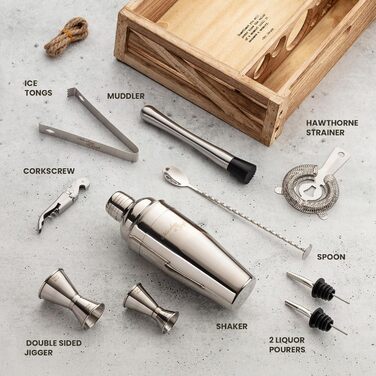 Набір для приготування коктейлів Mixology & Craft Cocktail Shaker Set 11-tlg. - Набір для бармена з нержавіючої сталі з аксесуарами (чорний, коричневий, дерево)