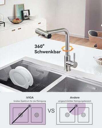 Кухонний змішувач iVIGA висувний з дозатором, водоспад, 360° поворот, 3 режими, щіткова нікель, T-подібний