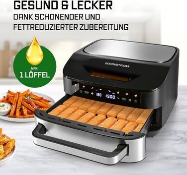 Фритюрниця повітряна GOURMETmaxx AirGenius, 9 л (2 x 4,5 л) з 8 програмами | 2 камери для одночасного приготування | Сенсорний дисплей, для 8 осіб