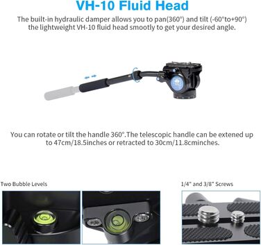 SIRUI Monopod P-325FS+VH-10: Вуглецеве моноподіум, 170 см, для DSLR, вантажопідйомність 10 кг