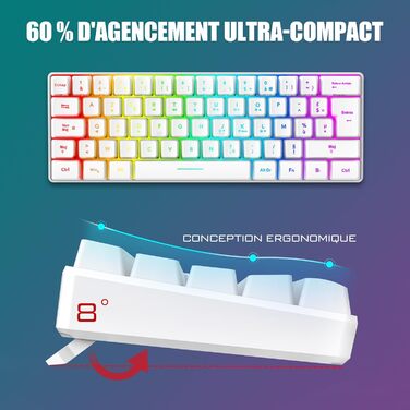 RedThunder K62 Бездротова ігрова клавіатура та миша, RGB, AZERTY, 62 клавіші, Mini, для PC/PS5 (білий)