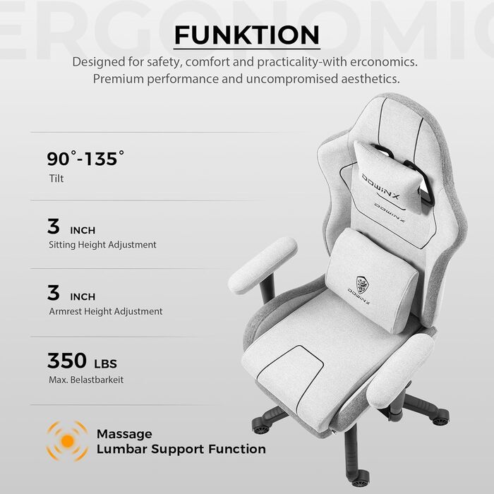 Ігровий крісло Dowinx з тканини, ергономічний геймерський крісло з м'якими підлокітниками, стабільний ігровий та офісний крісло для тривалого сидіння (Сірий)