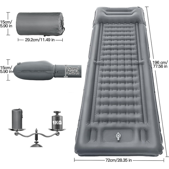 NHOWIN Self-Inflating Camping Mat - 12cm Thick, Ultralight with Pillow & Foot Pump - Compact, Waterproof, Anti-Ripstop Mat for Outdoor, Backpacking, Hiking