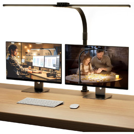 SIBRILLE LED Desk Lamp with Dual Heads - Dimmable, Clamp-On, Eye Protection Monitor Light, Daylight Lamp for Office, PC & Table Lamp with Swan Neck, Black