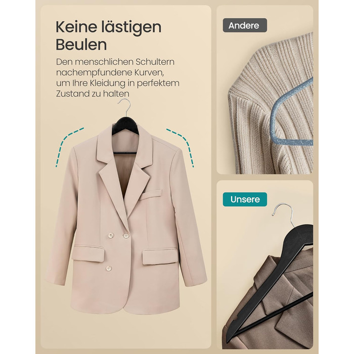 Плечики SONGMICS для одягу з дерева, набір 20 шт., тонкі, для сорочок та курток, з вирізами для плечей, поворотний гачок 360°, з натурального дерева берези, білий, CRW0W02