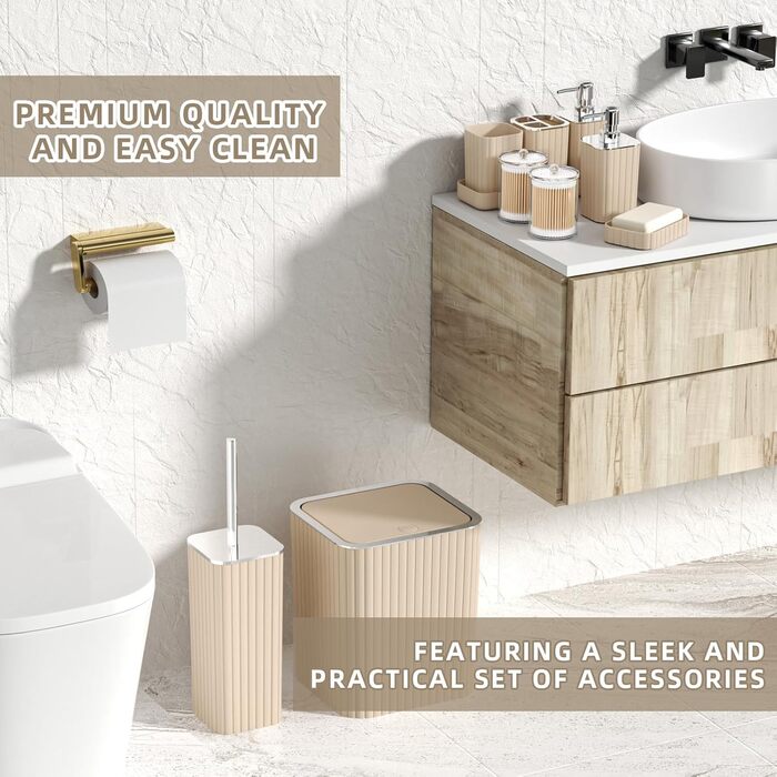 Набір аксесуарів для ванної кімнати: 10 предметів, зелений колір, WC-щітка, сміттєвий бак, золоті акценти