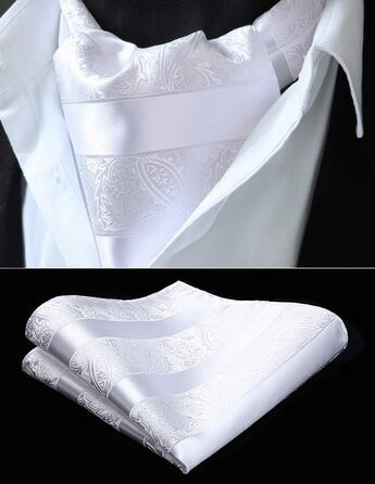 HISDERN Шовковий краватко-шарф чоловічий Paisley для весілля, Ascot, краватка-хустинка, білий, універсальний розмір. Комплект з кишеньковим хустинкою для бізнесу.