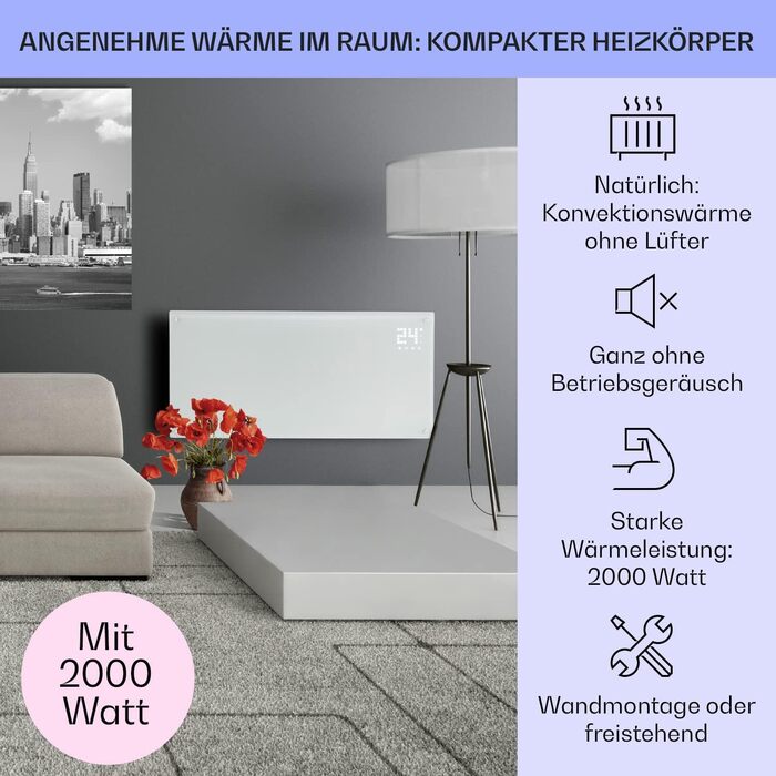 Klarstein Electric Heater, Convector Heater with Floor Wheels, Mobile Electric Heater Energy-Saving, Slim, Quiet Electric Heater, Standalone Electric Radiator with Thermostat, 2000 W White Bornholm