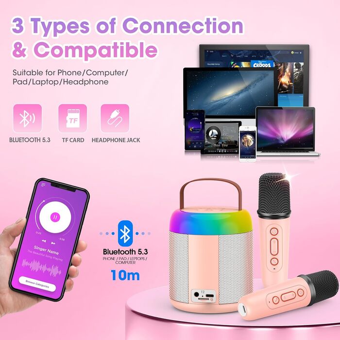 Караоке машина для дітей з 2 мікрофонами, рожева. Іграшка для дівчаток 3-12 років. Чудовий подарунок на день народження!