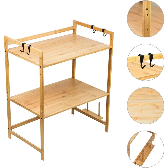 Поличкова система для мікрохвильової печі 3 яруси, органайзер з гачками, розширювана, висувна, 40-64см, з вуглецевої сталі (3 яруси, бамбук, 55x35x67см)