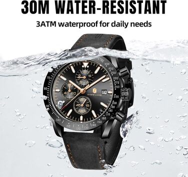 Годинник чоловічий BENYAR Chronograph з кварцовим механізмом, аналоговий, з шкіряним ремінцем. Стильний дизайн для бізнесу, спорту та повсякденного носіння. Водостійкість 30M. Елегантний подарунок для чоловіків (Чорний ремінець/Чорне корпус/Чорне цифербла