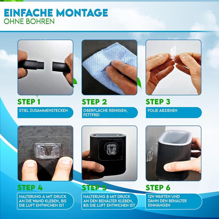 Силіконова щітка для унітазу R&B German Label – плоска, з кріпленням на стіну без свердління, з довгим руків'ям та швидковисихаючим контейнером – для миття унітазу та бордюру – білий/чорний (чорний/сірий)