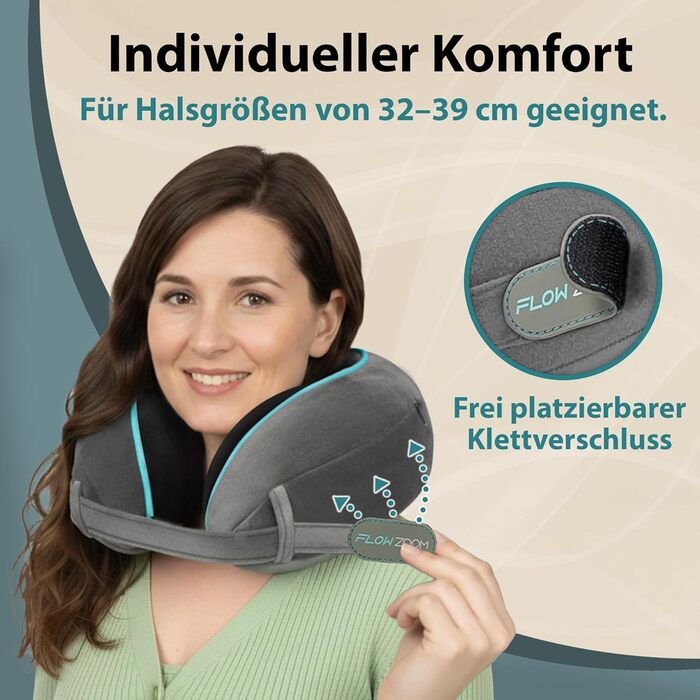 Подушка для шиї FlowZoom Dream Pro з додатковою бічною підтримкою та регульованим липучкою кріпленням - подушка для подорожей в літак з піною з пам'яті - з чохлом та подарунковою упаковкою - Сірий
