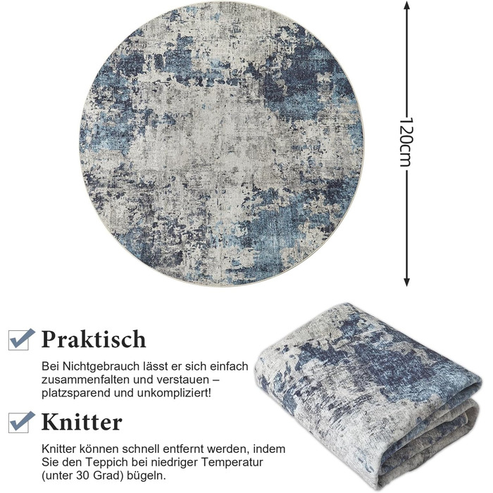 Кілимок для вітальні синього кольору, вінтажний, з ефектом розмиття, короткий ворс, килими, миючий, нековзний, для спальні (160 см, круглий, абстрактний синій)