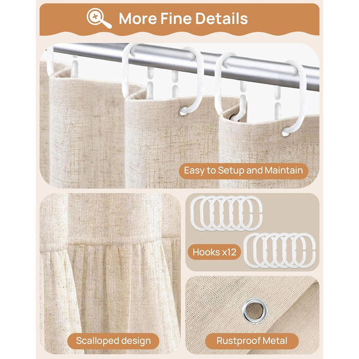 Штора для душу 180x180 см Бежева, Льняна текстура - Водонепроникна, з обтяженим краєм, 12 кілець, для ванної кімнати
