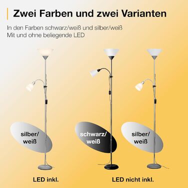 Стеля-прожектор Brilliant Spari з лампою для читання, чорний/білий – LED торшер – 1,8 м – сумісний з LED лампами (патрон E27 та E14) – регульована лампа для читання, чорний/білий. Без LED лампи.