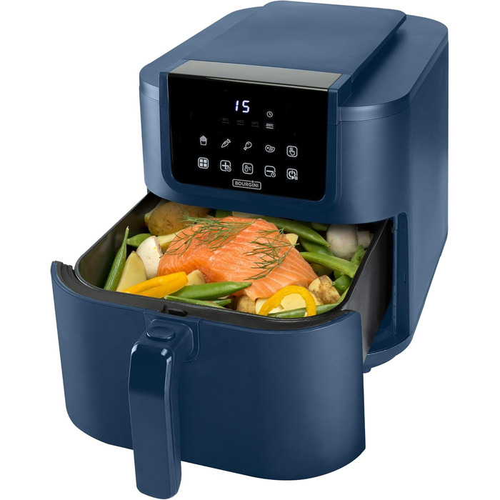 Фритюрниця повітряна BOURGINI з керамічним покриттям, 8 л, блакитна. Безпечна для здоров'я, не містить шкідливих речовин (PFAS, C6, PFHxA, PTFE, PFOA та BPA). Компактний формат.