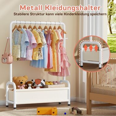 Дитяча вішалка для одягу Kinder Garderobe 80x30x125 см, біла. З гачками та кошиком для зберігання, U-подібна основа.