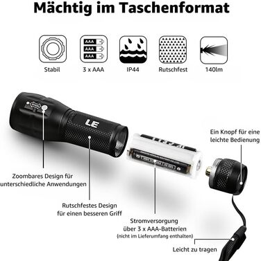 LED ліхтарик Lighting EVER LE - компактний, яскравий, з регулюванням фокусу. Водонепроникний ліхтарик для кемпінгу, відпочинку на природі та надзвичайних ситуацій (2 шт.) Чорний