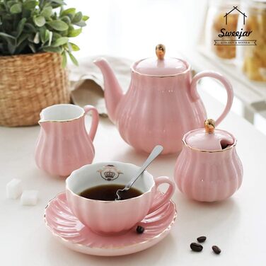 Sweejar Porcelain Teapot with Infuser and Lid, Tea Set with Filter, 890 ml, for Tea, Coffee, Milk, Women, Office, Home, Gift (Pumpkin Shape, Pink 1)