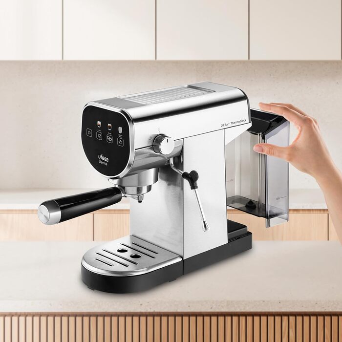 Ufesa Sienna Espresso Machine and Cappuccino Portafilter Machine with Milk Frother, 20 Bar Pressure, Digital Touch Panel, 1360W, for Ground Coffee or ESE Pads, 0.9L Water Tank, Silver