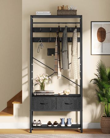 YITAHOME Entryway Storage Bench with Shoe Cabinet, Freestanding Entryway Bench with Bank and 2 Folding Drawers, Industrial Coat Rack with 8 Hooks for Entryway, Living Room, Bedroom, Metal Frame, Rustic Brown (Black)