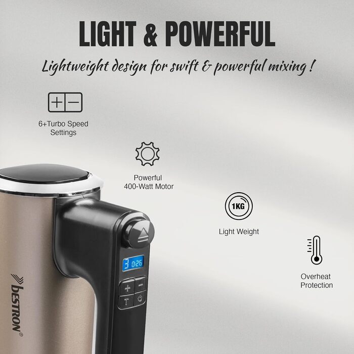 Міксер ручний Bestron Power з 6 швидкостями, Turbo-функцією та LCD-дисплеєм. В комплекті: 2 вінчики та 2 гаки для тіста. Легкий (1 кг), колір: бежевий