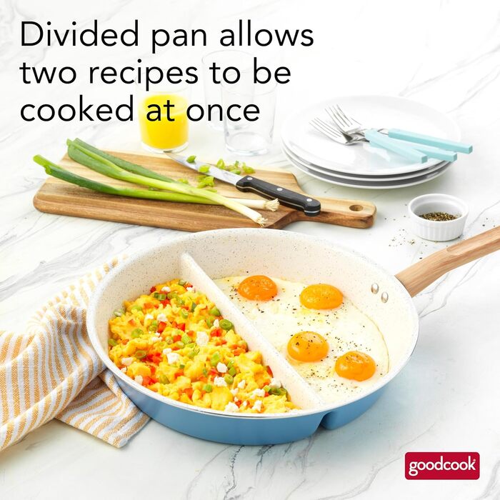 Сковорода роздільна GoodCook 30.5 см з керамічним покриттям, блакитна - посуд з нержавіючої сталі, антипригарна сковорода для яєць, м'яса, овочів, соусів