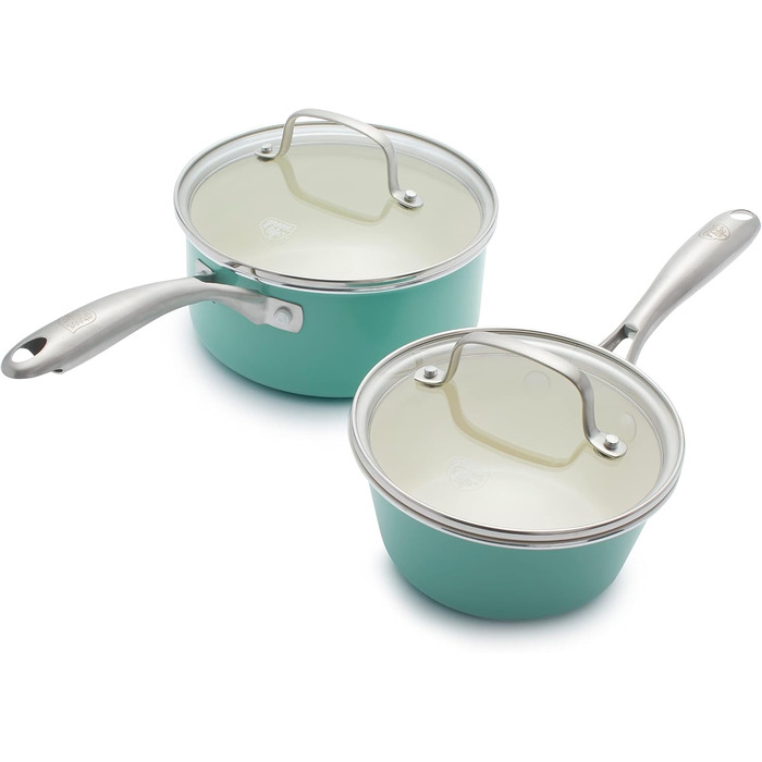 Набір сковорідок GreenLife Artisan, керамічне покриття, антипригарні, 20.3 та 25.4 см, нержавіюча сталь, без PFAS, придатні для миття в посудомийній машині, жаростійкі, набір каструль 1QT та 2QT, колір: бірюзовий