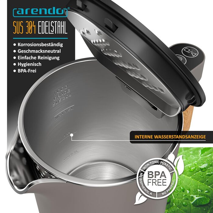Електричний чайник Arendo з регулюванням температури, 1.5 л, нержавіюча сталь, подвійні стінки, BPA free, функція підтримки тепла, Cool Touch, Taupe C