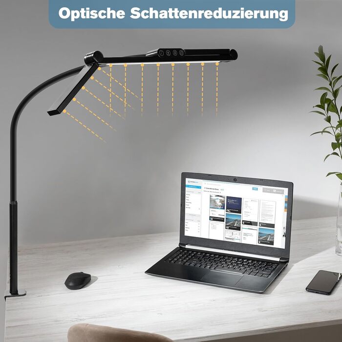 LED лампа для столу Asstikoo з регулюванням яскравості, 24W, складний дизайн, кріплення, для дому/офісу, 5 температур кольору, 3 режими яскравості, 3-головки, гнусий шийка