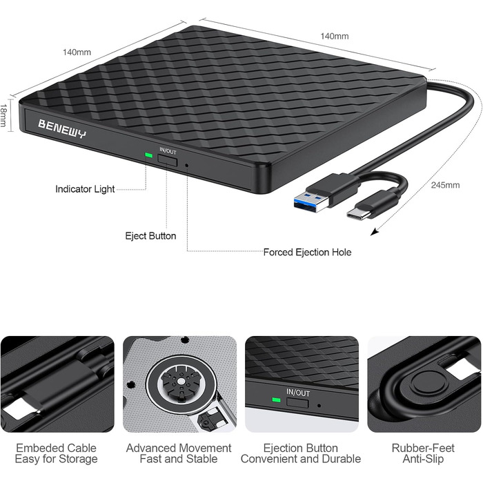 Зовнішній DVD CD привід BENEWY USB 3.0 та Type-C, портативний DVD-плеєр та записувач +/-RW для ноутбука, ПК, MacBook (Windows, Linux, Mac), чорний