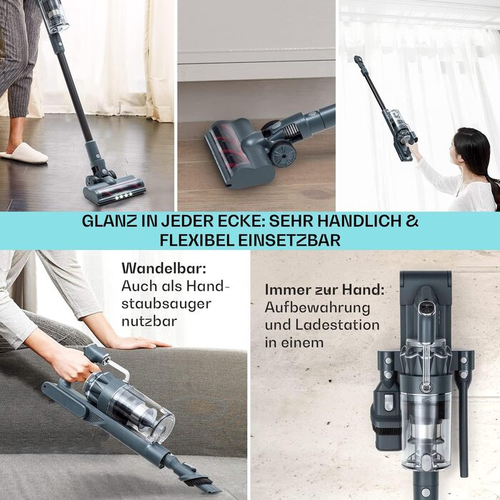 Бездротовий акумуляторний пилосос Klarstein без мішка з 4-ступеневим фільтром E12 EPA, для шерсті тварин, килима та твердих підлог, вертикальний пилосос без мішка з насадкою для підлоги 180° (сірий)