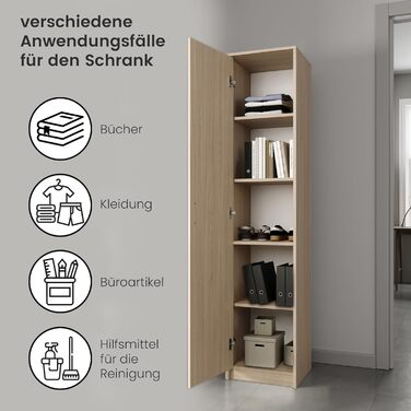 Bookshelf Wardrobe Shelf White 40cm wide 180cm high Cabinet Organizer Multi-purpose Cabinet with 4 adjustable shelves Filing cabinet Shelf Wall narrow Wood for bedroom Hallway Basement Office (Natural)