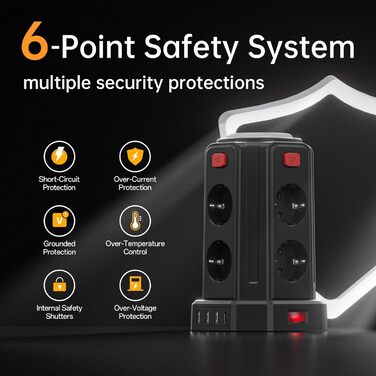 Многофункціональна мережева стрічка на 8 розеток з 4 USB та світлом, захист від перенапруги, 16A, білий (3M, чорний)