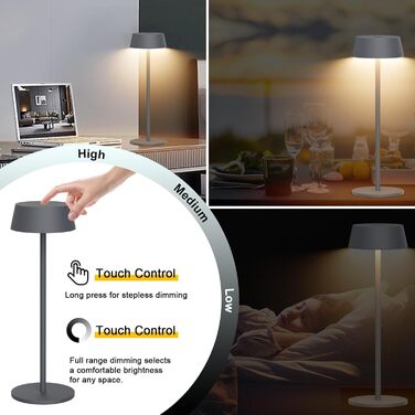 Світлодіодний акумуляторний настільний світильник Klighten з димером, сенсорний, металевий, алюмінієвий, IP54, перезаряджуваний, тепле біле світло 3000K, антрацит