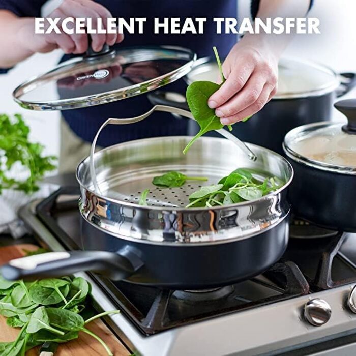 GreenPan Rio Healthy Ceramic Non-Stick 16-Piece Cookware Set with Frying Pans, Sauce Pans, PFAS-Free, Stay-Cool Handle, Oven Safe up to 160°C, Dishwasher Safe, Black & Crème Cookware Set 16-Piece Black & Crème