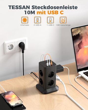 Багаторозетка TESSAN з захистом від перенапруги 3600W 16A, 8 розеток, USB-C, подовжувач 2м, сіра. Розподільник розеток для дому
