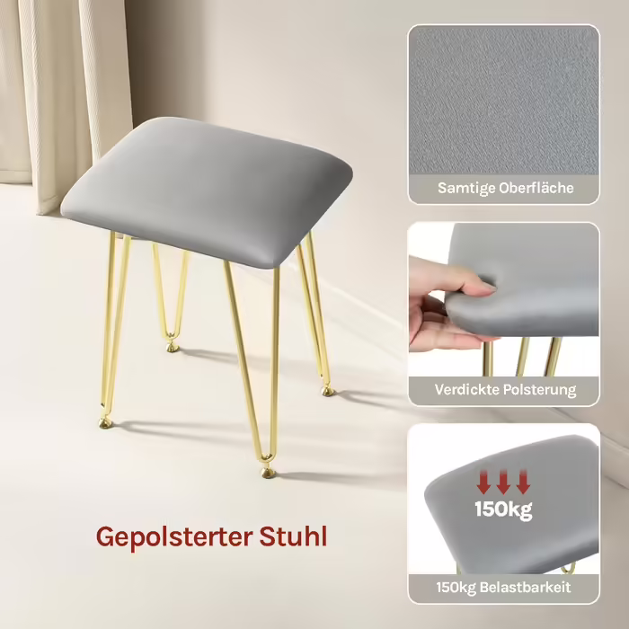 WOLTU Vanity Table with Mirror and Stool, Dressing Table with 3 Drawers Made of Solid Wood, Large High-Gloss Tabletop, Modern Cosmetic Table from Velvet and Metal, White, MB6080gr (Grey, 100x40cm with LED Lighting)