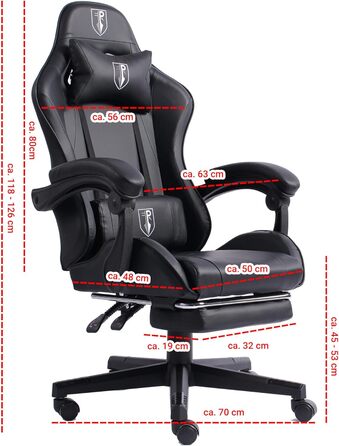 TRISENS Gaming Chair with Racing Design featuring flexible padded armrests, ergonomic PC gaming chair in leather look, desk chair with retractable footrest and extra support cushion, color: black