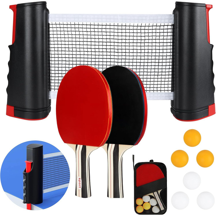 Набір для настільного тенісу KIMIGO: 2 ракетки, 6 м'ячів, сітка та сумка. Підходить для початківців та професіоналів, для гри в приміщенні та на вулиці