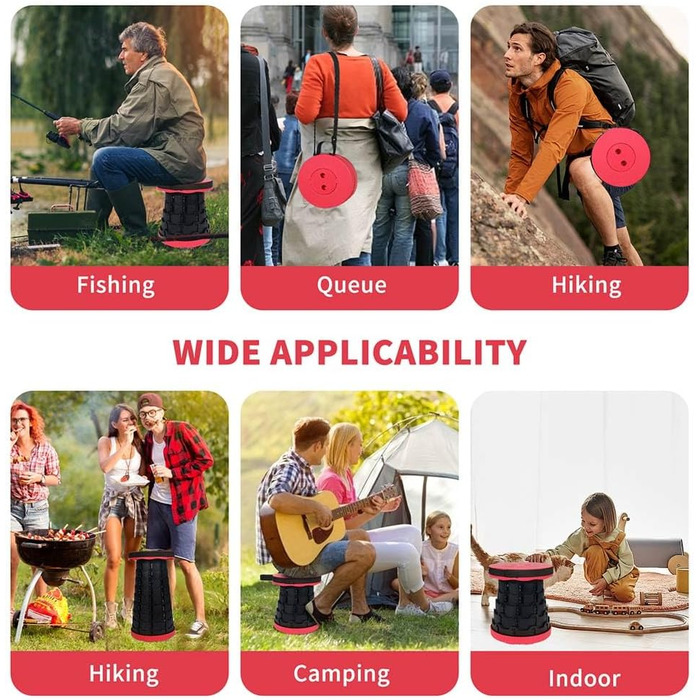 Крісло-телескоп для кемпінгу, регульована висота 6-45 см, вантажопідйомність 181 кг, портативне з ременем для перенесення (Червоний, 2 шт.)